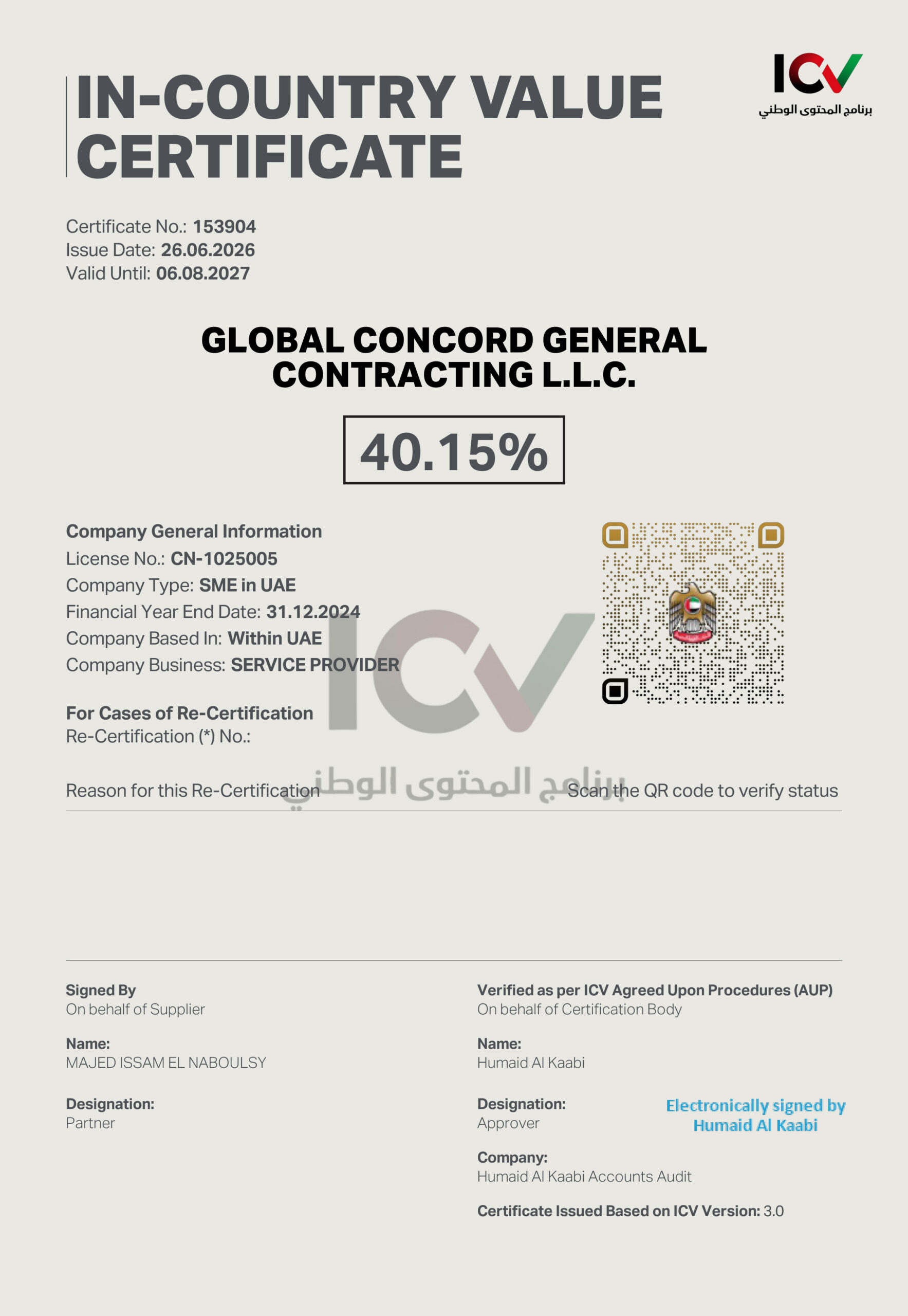 In-country Value Certificate ICV