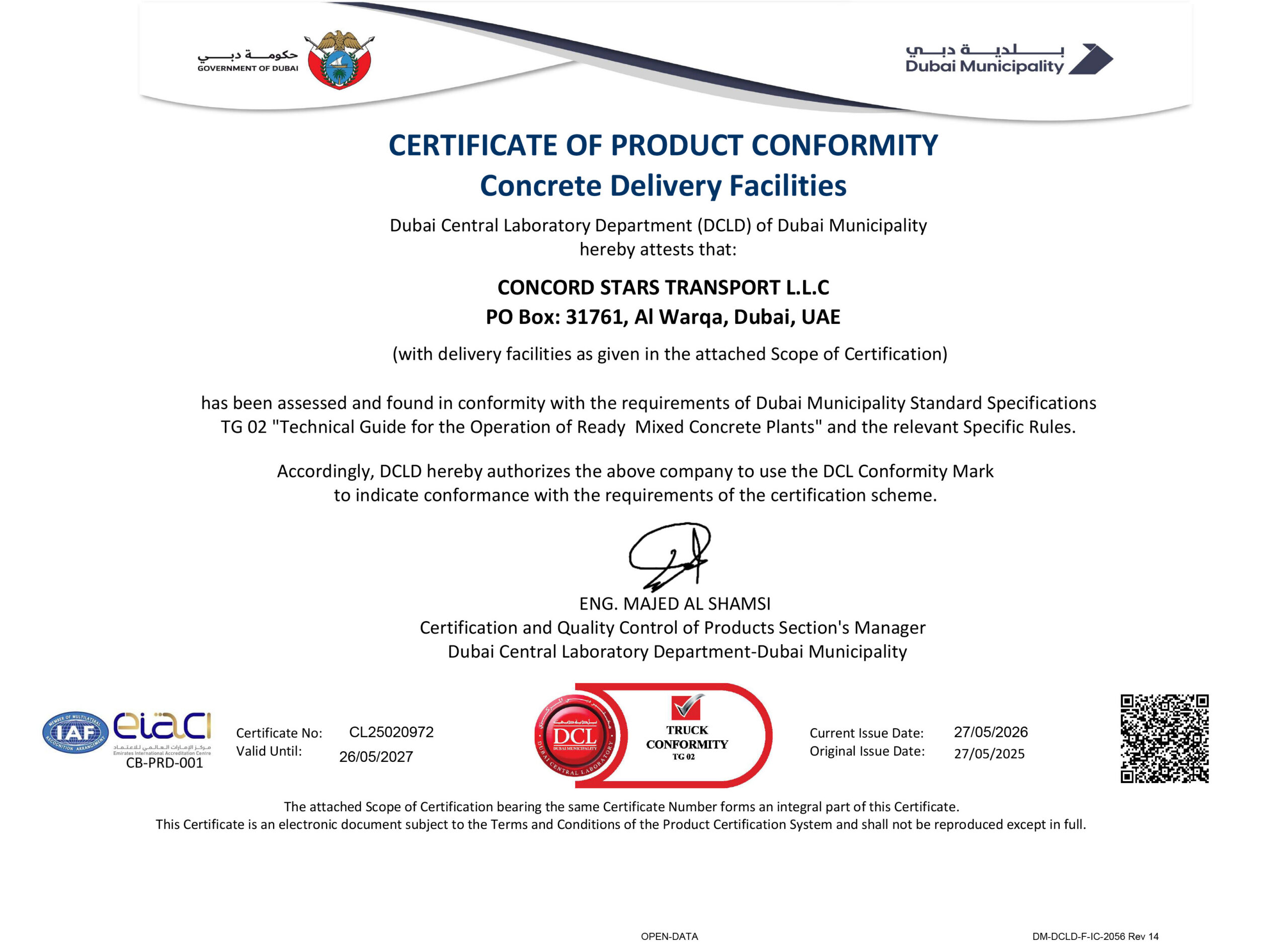 Certificate of Product Conformity Concrete Delivery Facilities
